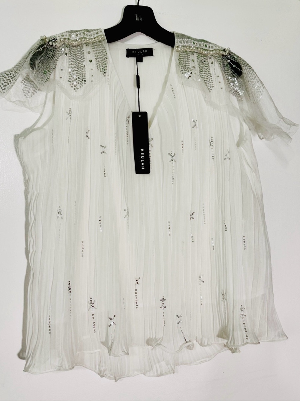 Beulah White Sequin-Paneled Pleated Blouse L